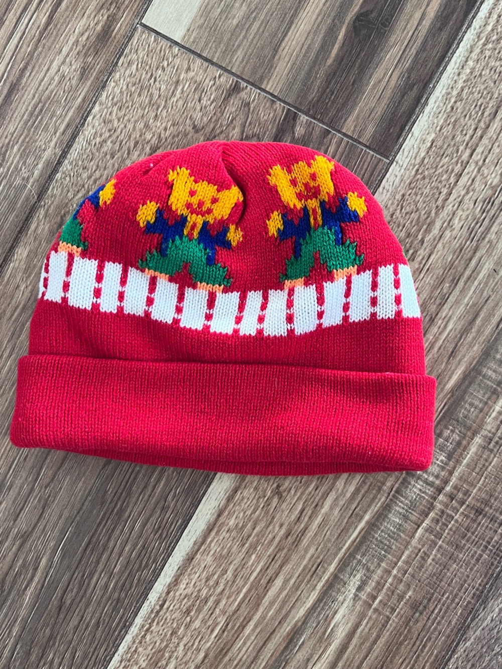 Vintage Red Kids Knit Beanie with Multicolor Bear Motif